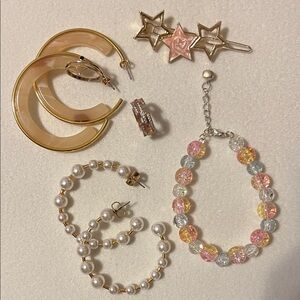 J crew hoop earrings 2 goldtone rings candy beads bracelet, stars hair pin NEW
